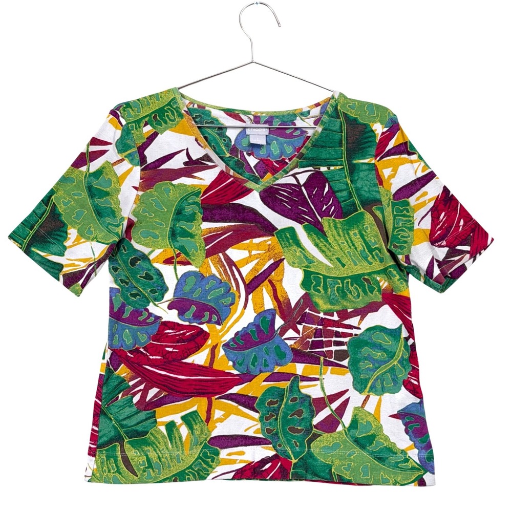 Chico's Tropical Leaf Print T-Shirt Women 1 Medium Multicolor V-Neck Pima Cotton